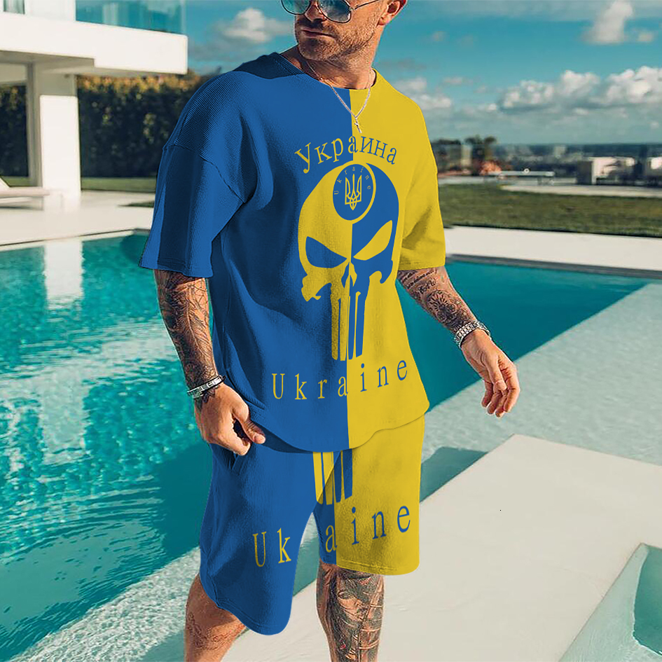 Men's Tracksuits Summer Ukraine National Emblem 2 Piece Sets Tracksuit Men's Oversized Clothes Beach Style 3D Printed Men Suit Tshirt Shorts