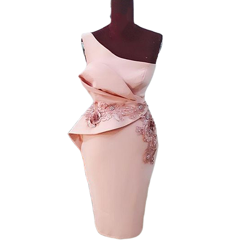 Light Pink Sheath Mother Dresses For Wedding Party One Shoulder Knee Length Elegant Satin Bride Groom Mom Prom Occasion Gowns Ruched Floral Lace Appli
