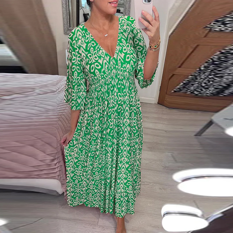 Urban Sexy Dresses Summer Elastic Waist Long Dress Casual V-neck Short Sleeve Loose Party Dress Women Pattern Printed Bohemian Beach Dress 230707