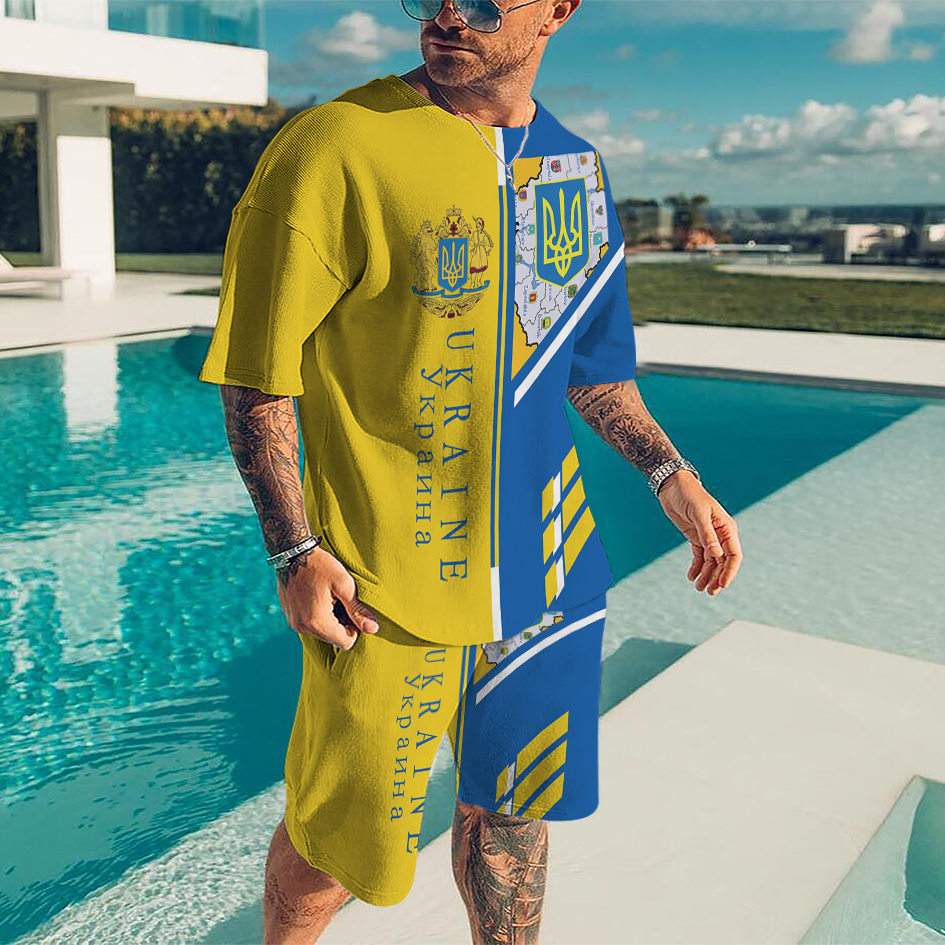 Men's Tracksuits Summer Ukraine National Emblem 2 Piece Sets Tracksuit Men's Oversized Clothes Beach Style 3D Printed Men Suit Tshirt Shorts