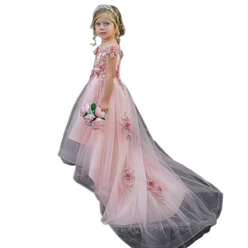 Blush Pink High Low Flower Girls Dresses Court Train Crew Neck A Line Long Wedding Party Dress Floral Lace Appliques Toddler Kids Formal Wear Brithday