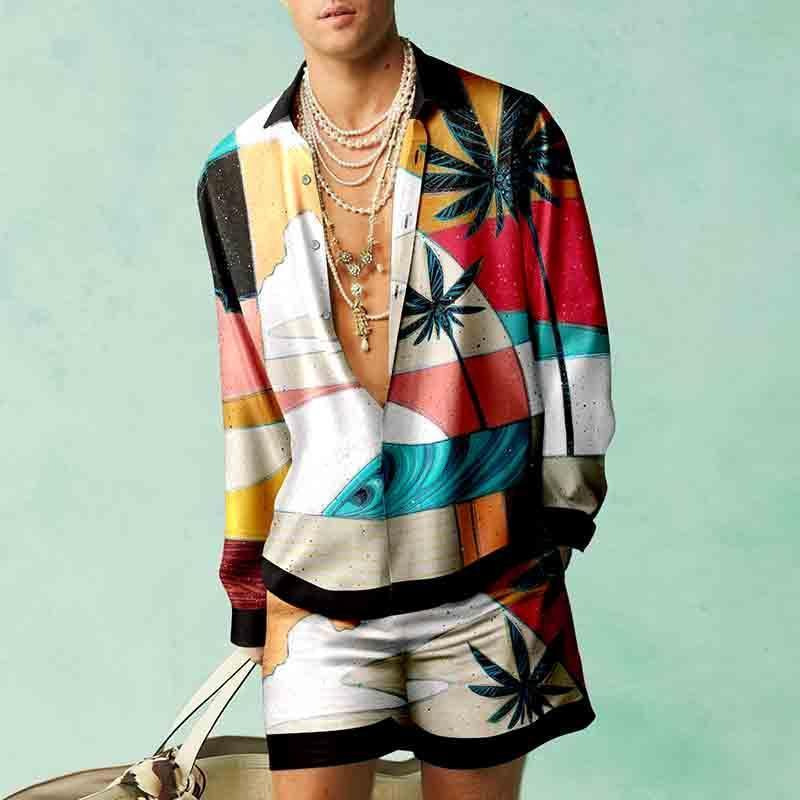 Men's Tracksuits Fashion 3D Print Two Piece Set Men Long Sleeve Lapel Shirts And Shorts Casual Loose Suits Summer Hawaiian Beach Outfits Male 230