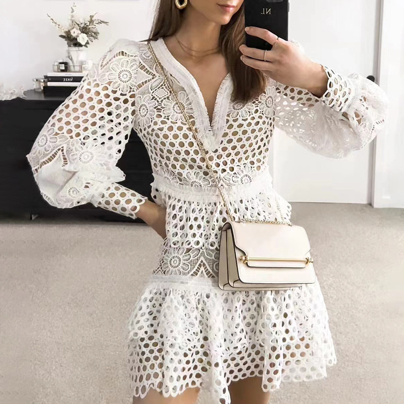 Urban Sexy Dresses Sexy Embroidery Lace Hollow Out Jacquard Dress Spring Lantern Long Sleeve Pleated Party Dress Women V Neck A-Line Summer Dresses 23