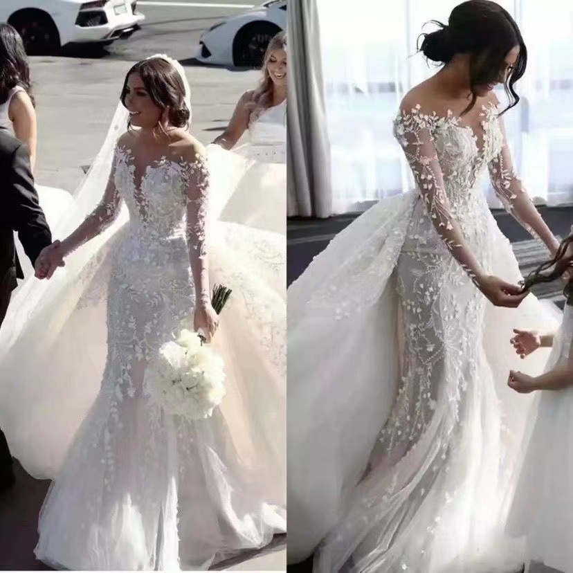 Appliqued Fashion Dresses Scalloped Neck Mermaid Bridal Wedding Gowns Embroidered Lace On Net With Train Dress