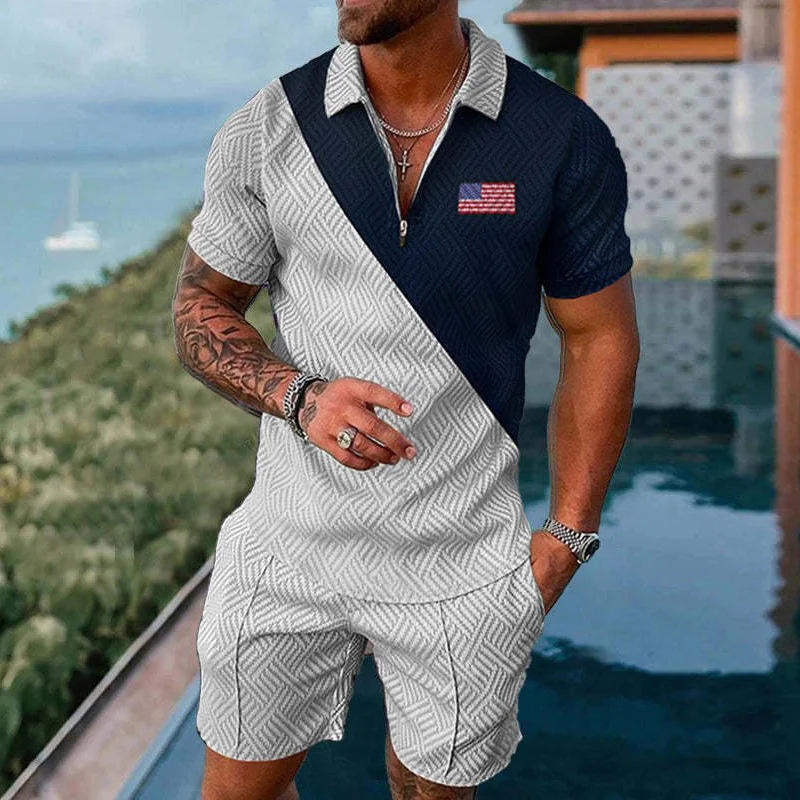 Men's Tracksuits Summer Men Tracksuit Polo Shirt Shorts Set Curve Line Beach Trun Down Collar Zipper Suit Oversized Casual Outfit Streetwear Blue