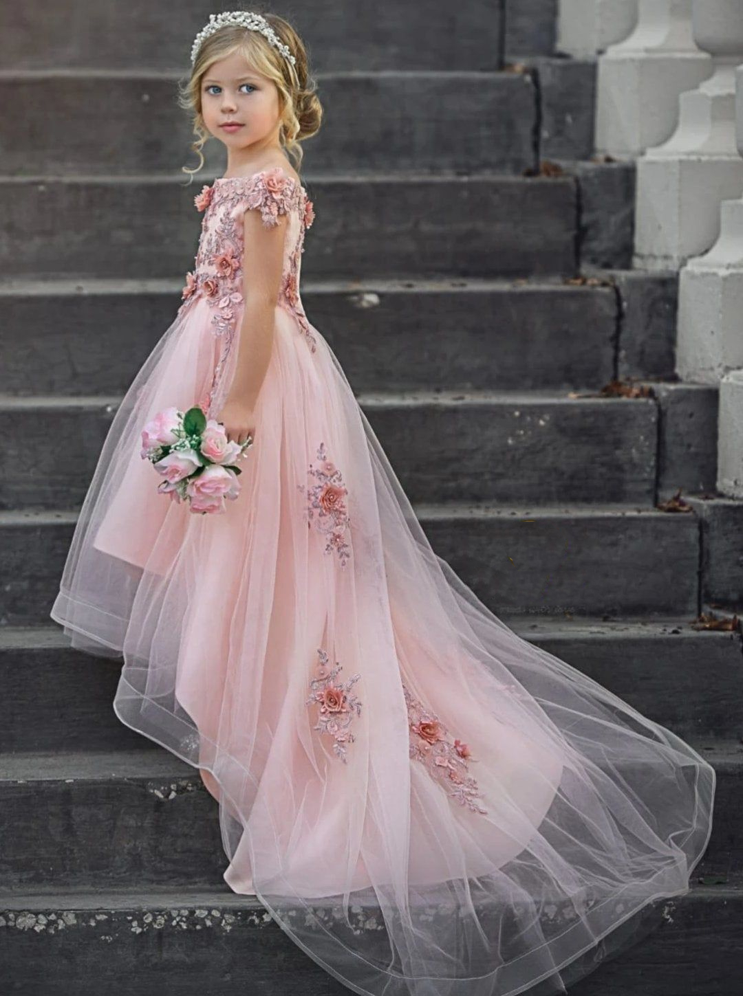 Blush Pink High Low Flower Girls Dresses Court Train Crew Neck A Line Long Wedding Party Dress Floral Lace Appliques Toddler Kids Formal Wear Brithday