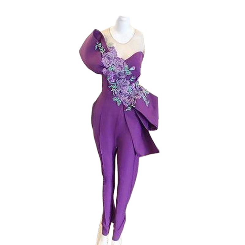 2023 Purple Jumpsuits Prom Dresses With Embroidery Floral Lace Appliques Sheer Sweetheart Neck Sleeveless Formal Evening Gown 2023 Women Special Occas