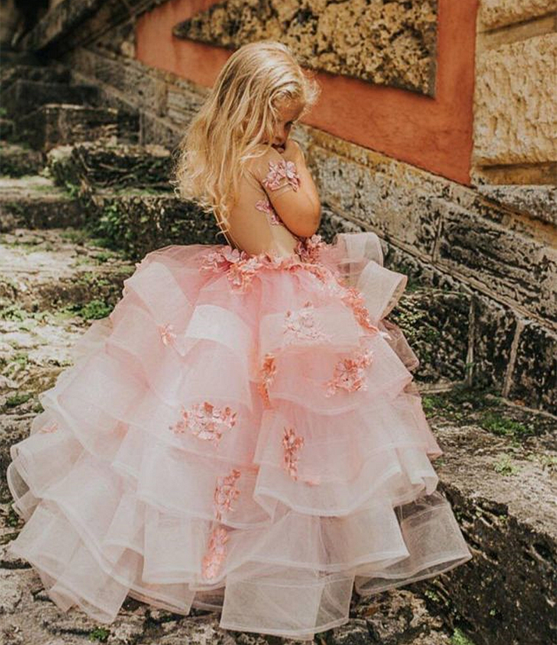 Pretty Baby Pink Flower Girls Dresses Floral Lace Appliques Ruffles Tiered Organza Wedding Party Gowns Child Kids Short Sleeves Brithday Party Dress C