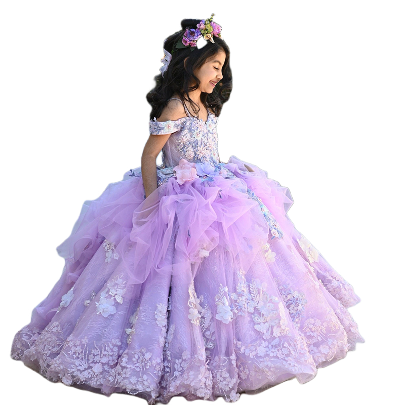 Off The Shoulder Princess Flower Girls Dresses For Wedding Party 2023 3D Floral Lace Appliques Lanvender Brithday Party Kids Formal Wear Toddler Long 