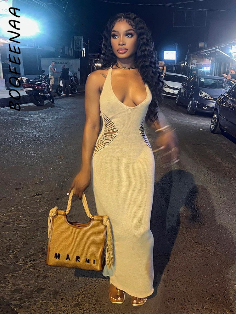 Urban Sexy Dresses BOOFEENAA Vacation Summer Dress Women Elegant Sexy Knitted Vestido Side Cut Out Backless Halte Long Maxi Dresses C82-EZ28 230707