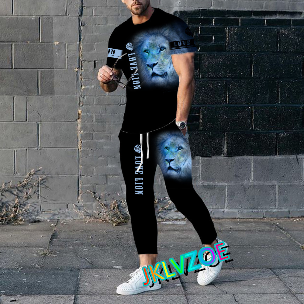 Men's Tracksuits Men's Tracksuit Short Sleeve T Shirt Trousers 2 Pieces Outfits Lion Suit Summer Streetwear Casual Man Clothing Long Pants S