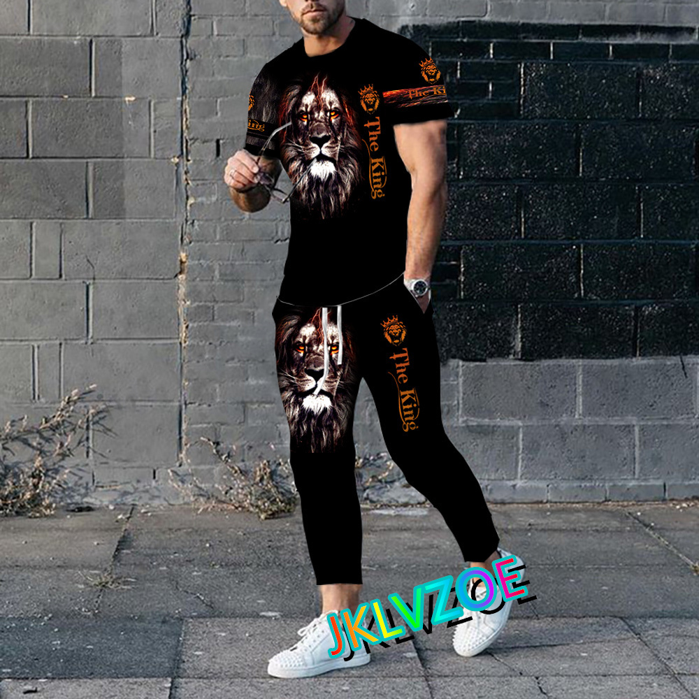 Men's Tracksuits Men's Tracksuit Short Sleeve T Shirt Trousers 2 Pieces Outfits Lion Suit Summer Streetwear Casual Man Clothing Long Pants S