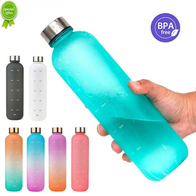 Update New 1 Liters Motivational Drinking Bottle Sports Water Bottles With Time Marker Stickers Portable Reusable Plastic Cups Wholesale