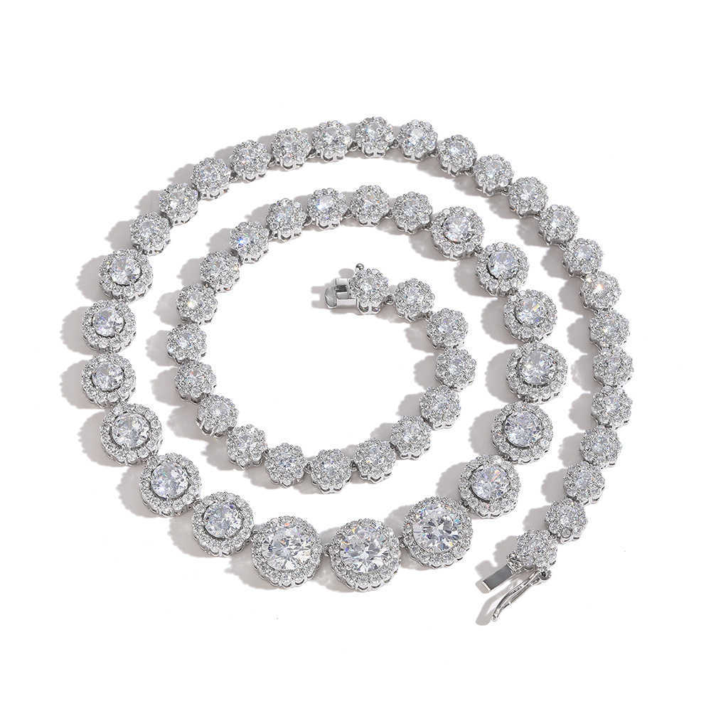 7-12mm Wide Gradual Size Flower Shape Circular Mix And Match Zircon Tennis Necklace Hip Hop Couple Male Female Silver Color Aesthetic Wolf Tide Jewelr