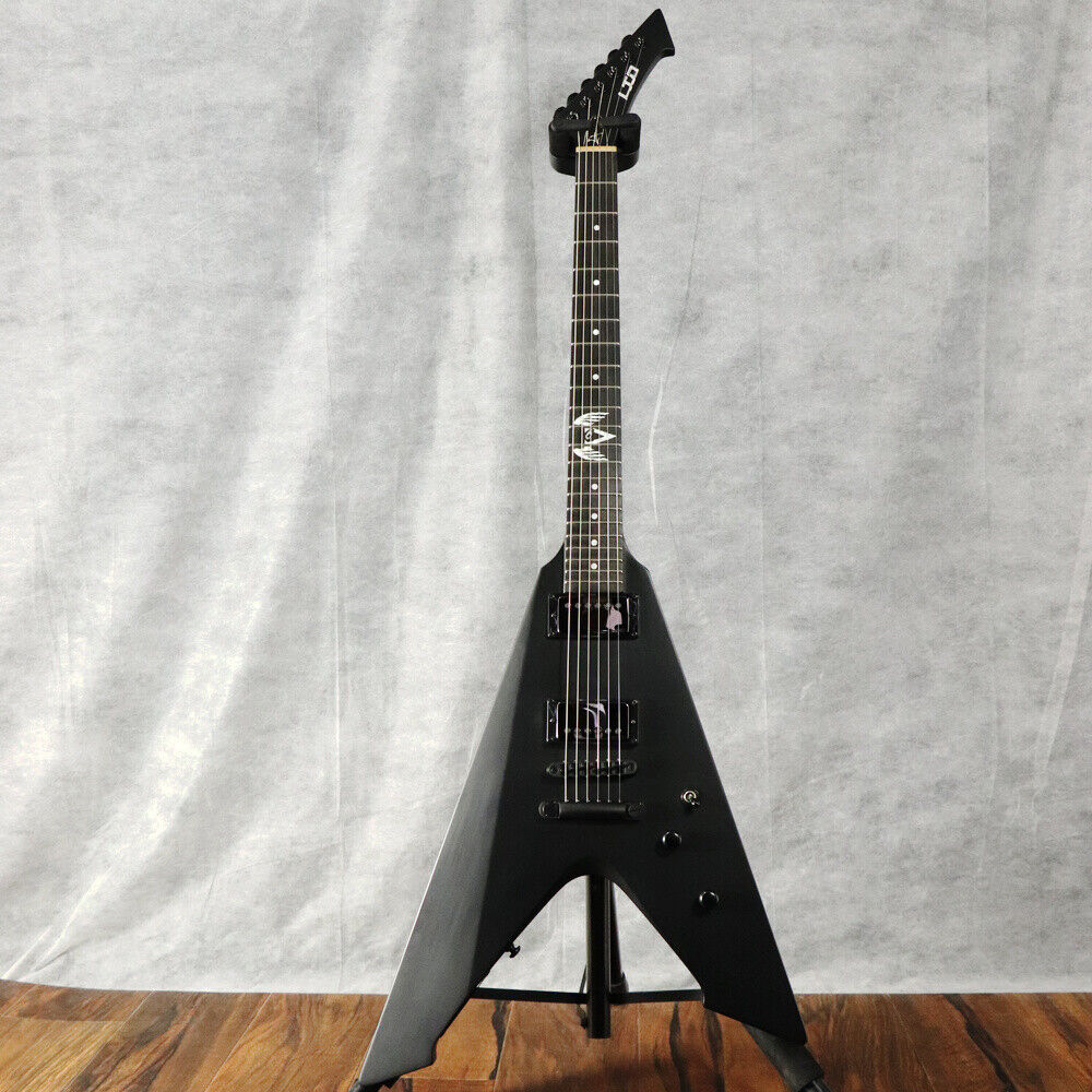Rhxflame Metallic Jame Hetfield Vulture Matte Black Fly V Electric Guitar Satin Finished Active China EMG Pickups 9V Battery Box Black Hardware Mahogany Body