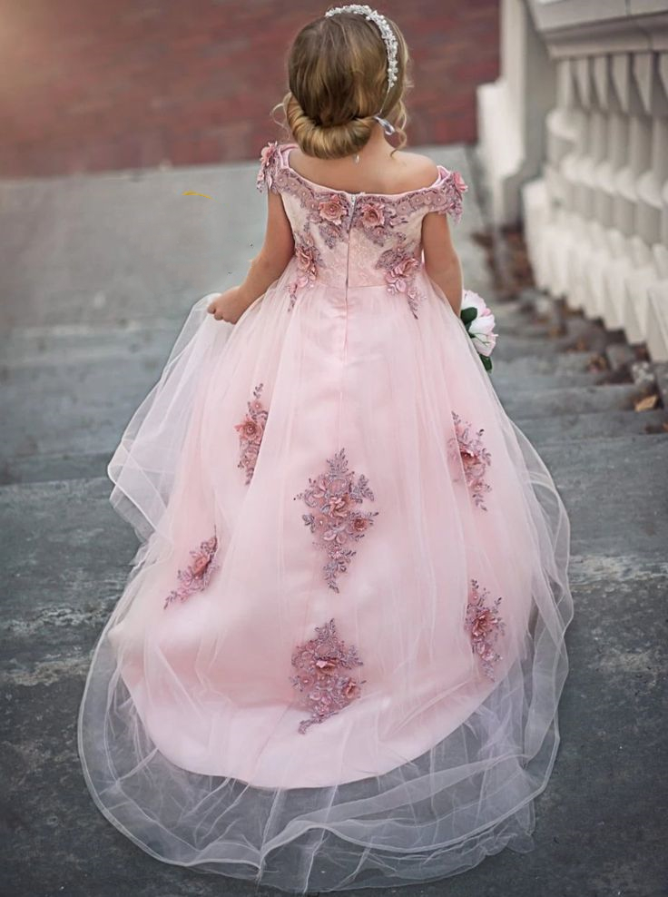 Blush Pink High Low Flower Girls Dresses Court Train Crew Neck A Line Long Wedding Party Dress Floral Lace Appliques Toddler Kids Formal Wear Brithday