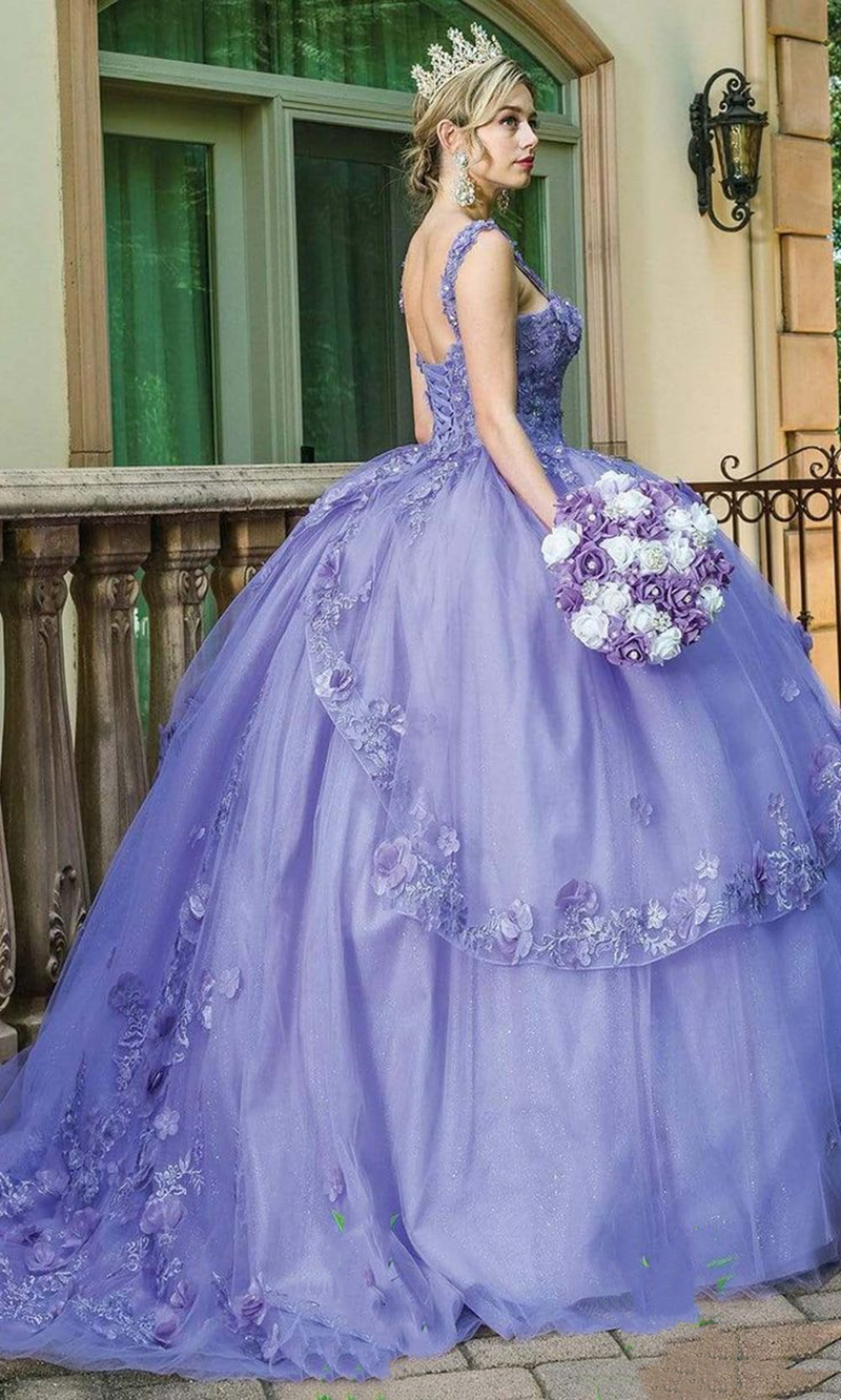 Lavender Princess Quinceanera Dresses With Flowers Lace Appliques Straps Sweetheart Ball Gown Tulle Prom Brithday Sweet 15 Party Dress For Girls Custo