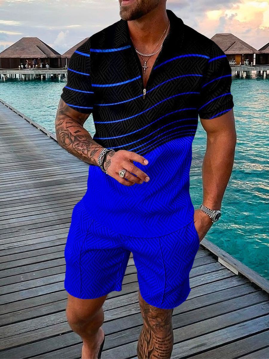 Men's Tracksuits Summer Men Tracksuit Polo Shirt Shorts Set Curve Line Beach Trun Down Collar Zipper Suit Oversized Casual Outfit Streetwear Blue