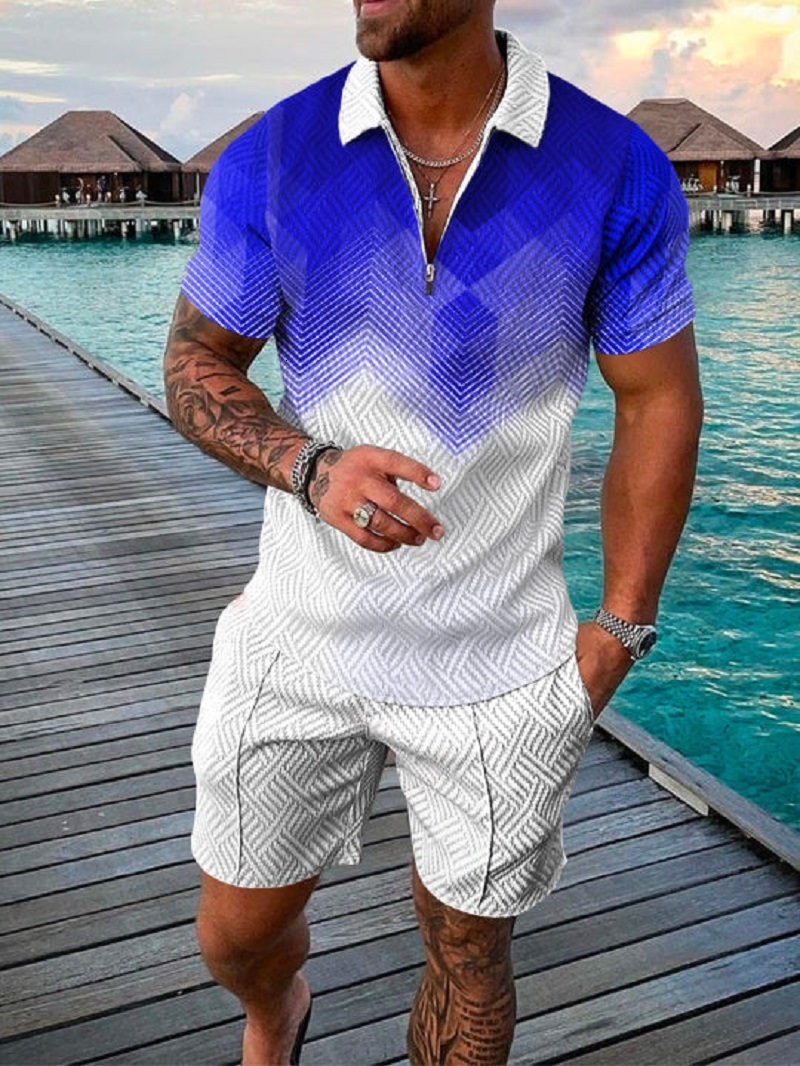 Men's Tracksuits Summer Men Tracksuit Polo Shirt Shorts Set Curve Line Beach Trun Down Collar Zipper Suit Oversized Casual Outfit Streetwear Blue
