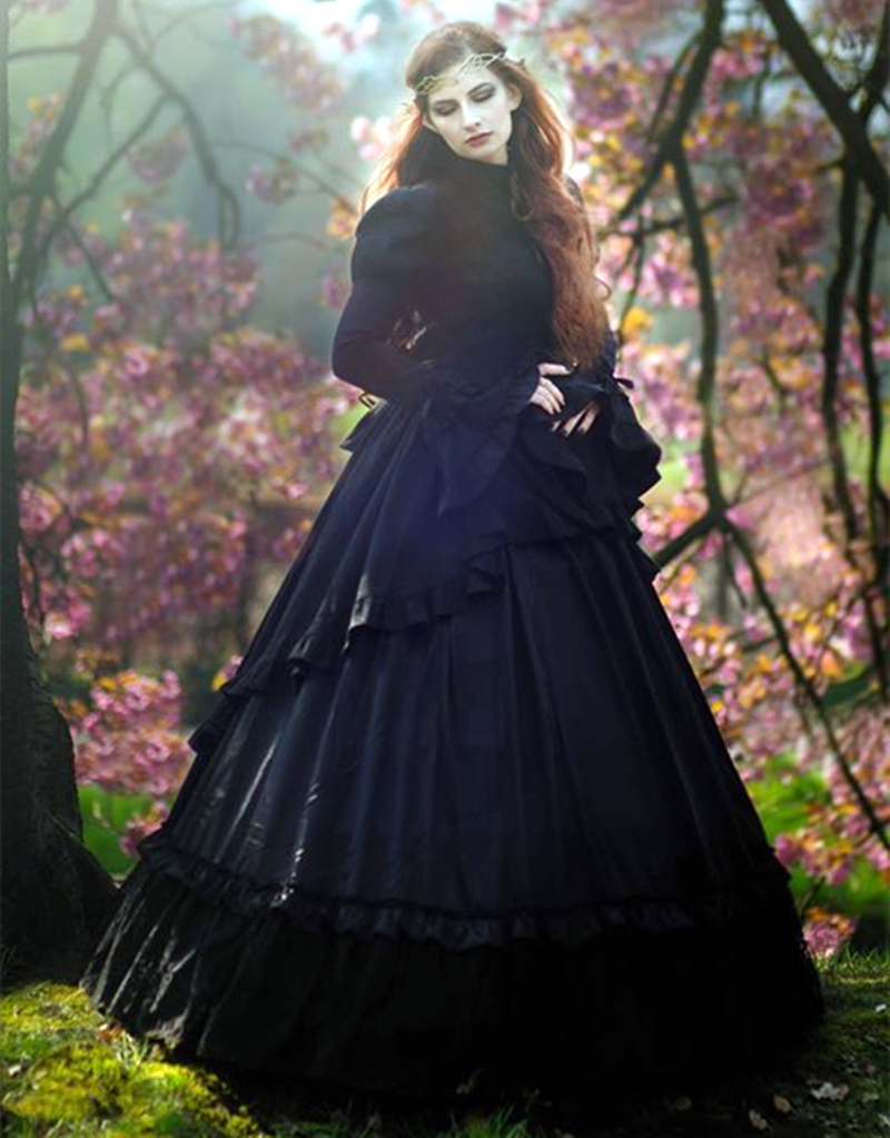 Black Gothic Wedding Dresses High Neck Long Flare Sleeves Floor Length Lace And Satin Vintage Medieval Bridal Gowns Custom Made