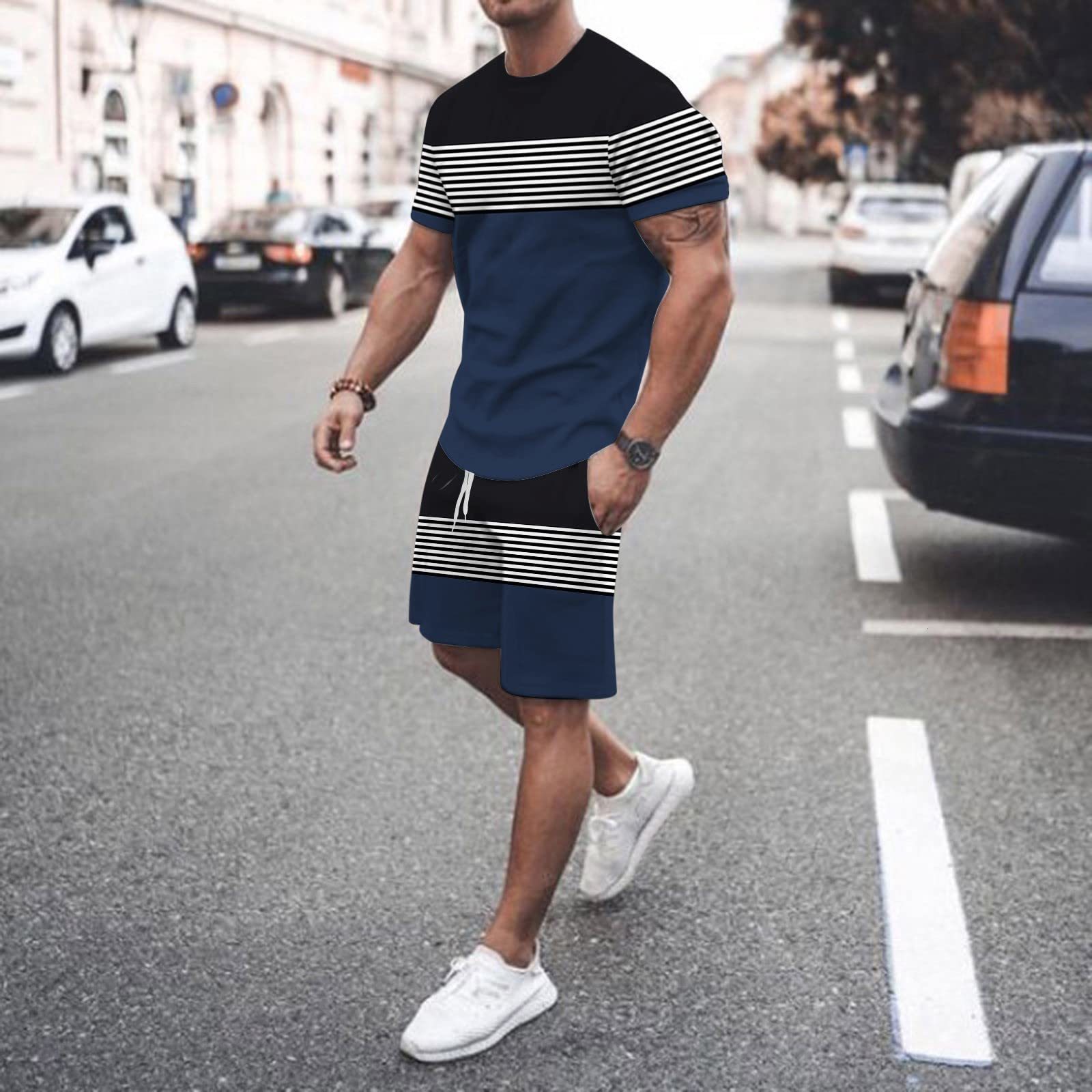 Mens Tracksuits Summer Oneck sportswear fashion simple suit in stripes 3d Tshirt printed mens Casual Street menswear 230707