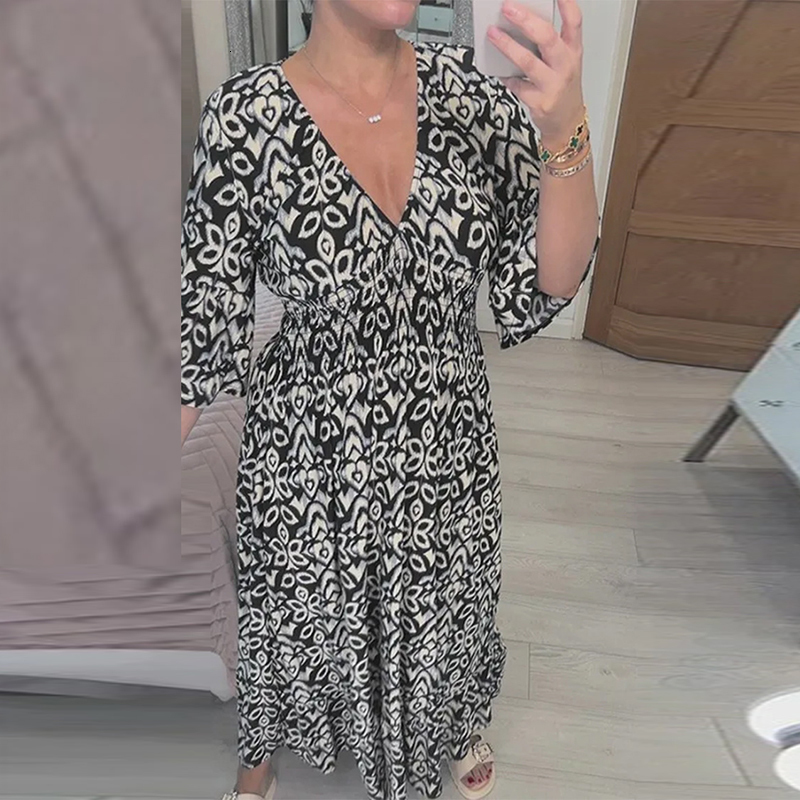 Urban Sexy Dresses Summer Elastic Waist Long Dress Casual V-neck Short Sleeve Loose Party Dress Women Pattern Printed Bohemian Beach Dress 230707