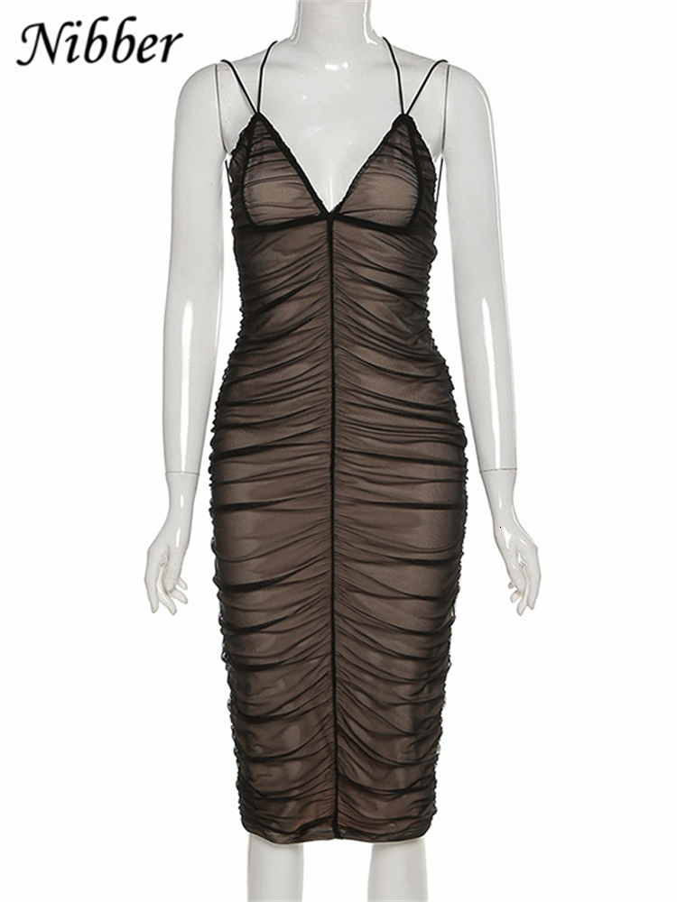 Urban Sexy Dresses Nibber Sexy Mesh Pleated Long Prom Dresses For Women's Clothing Solid Color Beach Party Wear Midi Wrap Dress Street Outfit 230