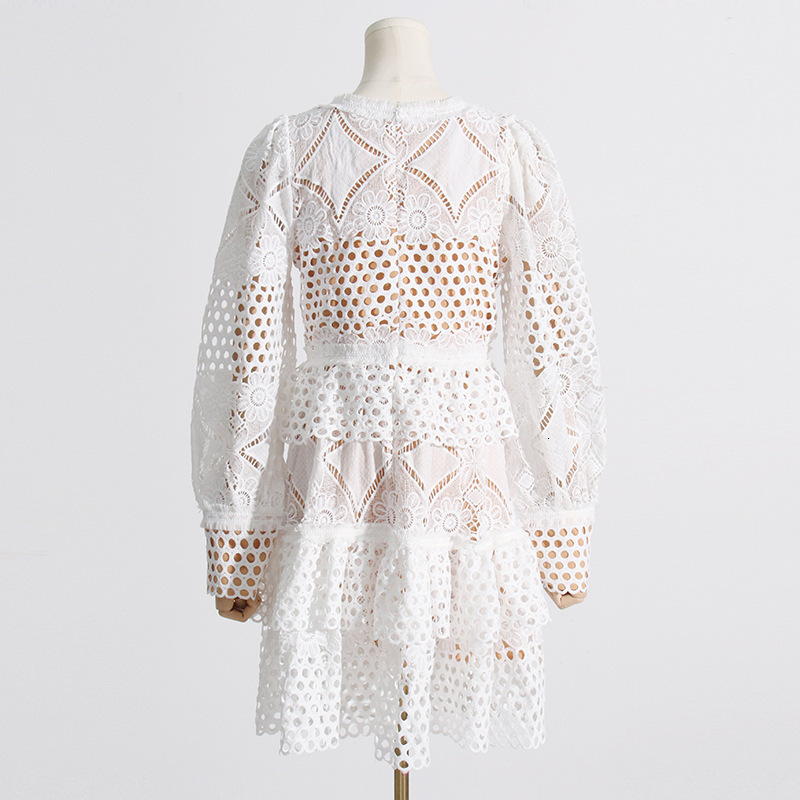 Urban Sexy Dresses Sexy Embroidery Lace Hollow Out Jacquard Dress Spring Lantern Long Sleeve Pleated Party Dress Women V Neck A-Line Summer Dresses 23