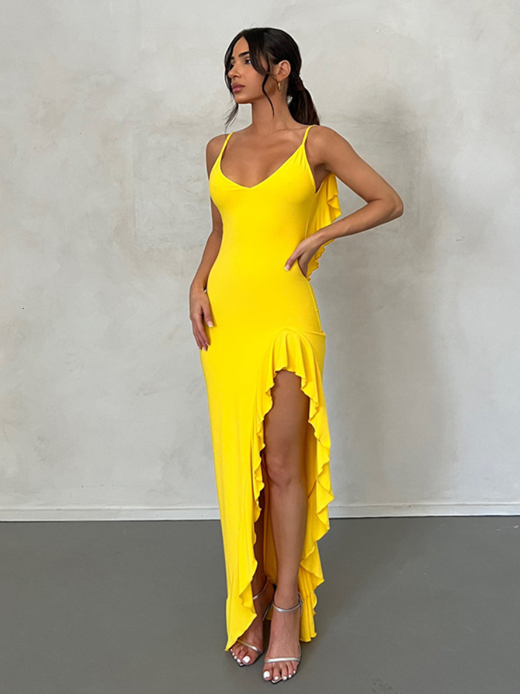 Urban Sexy Dresses Summer Women's Dresses Sexy Backless Bodycon Mermaid Dresses with Ruffle Trim Yellow Elegant Evening Party Dresses 230707