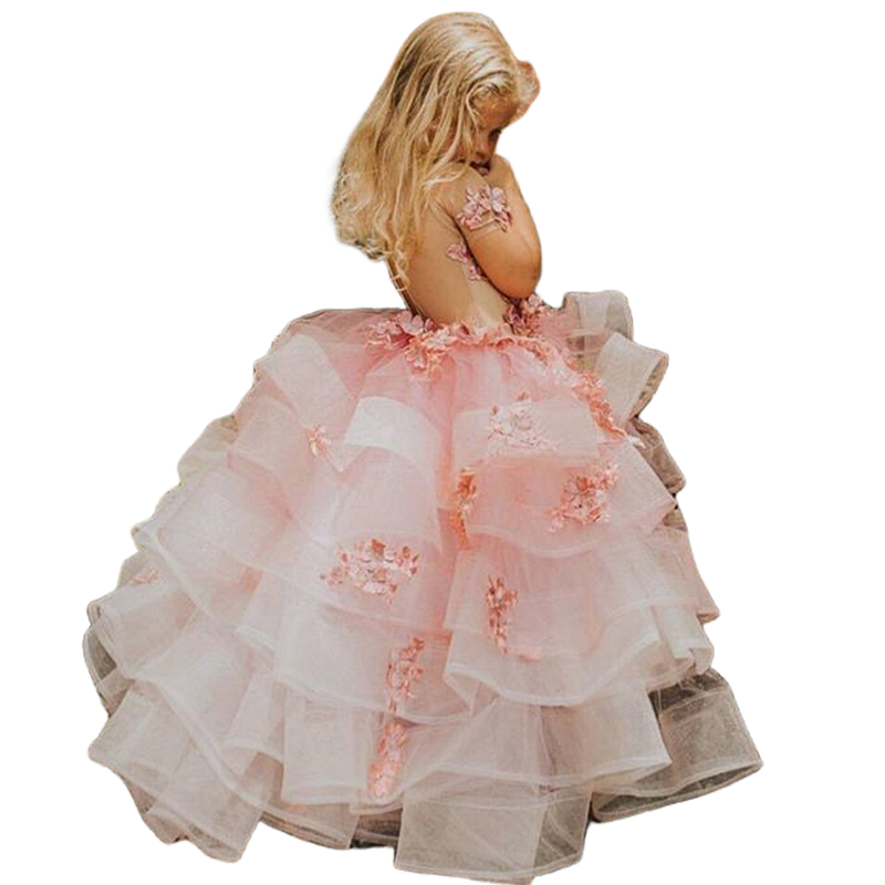 Pretty Baby Pink Flower Girls Dresses Floral Lace Appliques Ruffles Tiered Organza Wedding Party Gowns Child Kids Short Sleeves Brithday Party Dress C