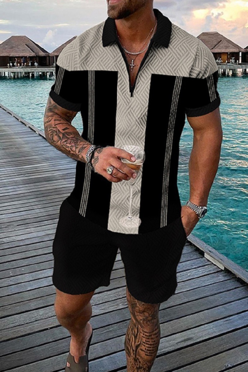 Men's Tracksuits Summer Men Tracksuit Polo Shirt Shorts Set Curve Line Beach Trun Down Collar Zipper Suit Oversized Casual Outfit Streetwear Blue