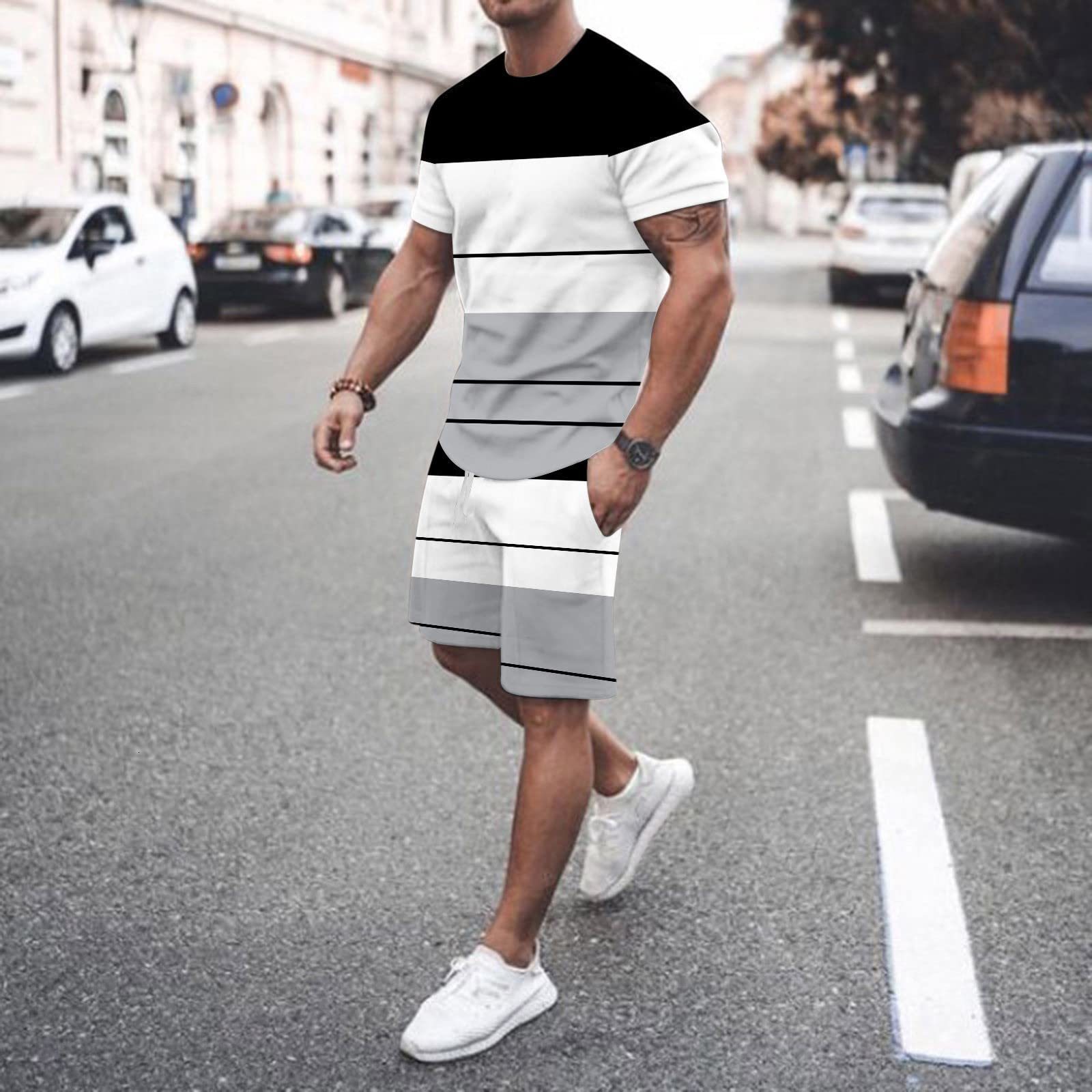 Mens Tracksuits Summer Oneck sportswear fashion simple suit in stripes 3d Tshirt printed mens Casual Street menswear 230707