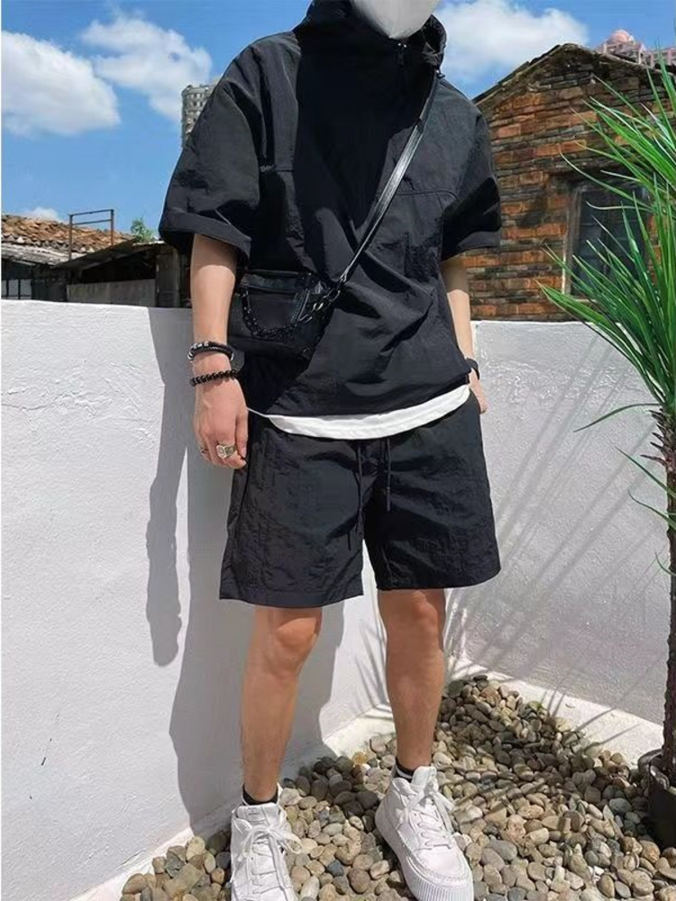 Men's Tracksuits 2Pcs Men Summer Tracksuit Shorts Set Hooded T Shirt Zipped Matching Shorts Solid Cargo Large Size Casual Suit 4XL Male Clothes 2