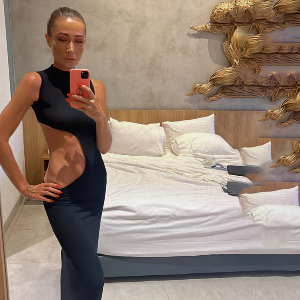 Urban Sexy Dresses Black Hollow Out Long Dress Summer Women Sexy Sleeveless Bodycon Dress Elegant Fashion Maxi Evening Party Dresses 230707