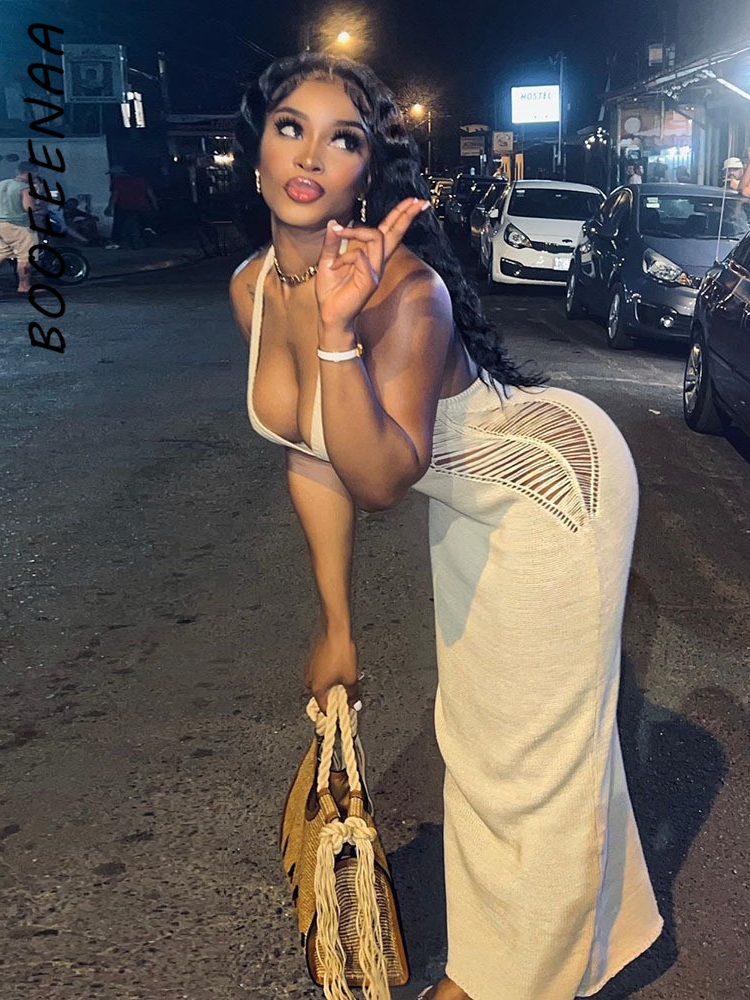 Urban Sexy Dresses BOOFEENAA Vacation Summer Dress Women Elegant Sexy Knitted Vestido Side Cut Out Backless Halte Long Maxi Dresses C82-EZ28 230707