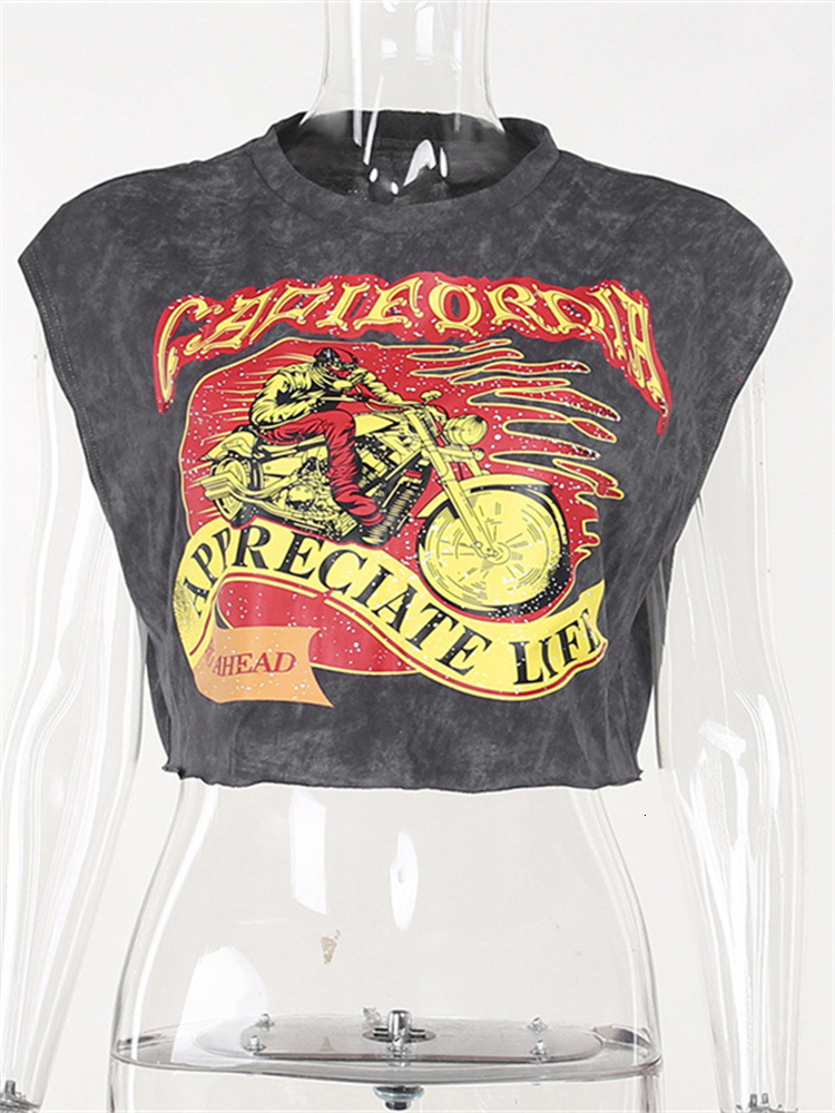 Women's TShirt 2023 y2k Clothes for women Streetwear Gray O Neck T Shirts Casual Print graphic Crop Tops Sleeveless Green Tees Summer 230707
