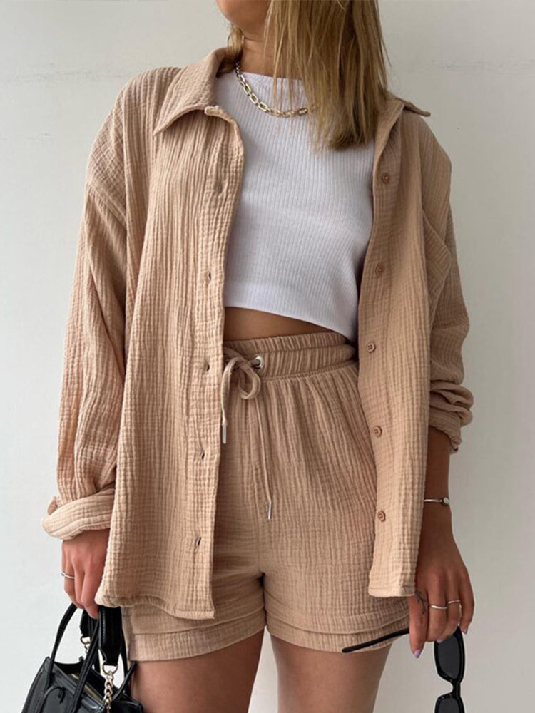 Women's Two Piece Pants Oversized Shirt Shorts Two Piece Sets Women Spring Cotton Tops With Loose High Waist Shorts Suit Fashion Streetwear Outfi
