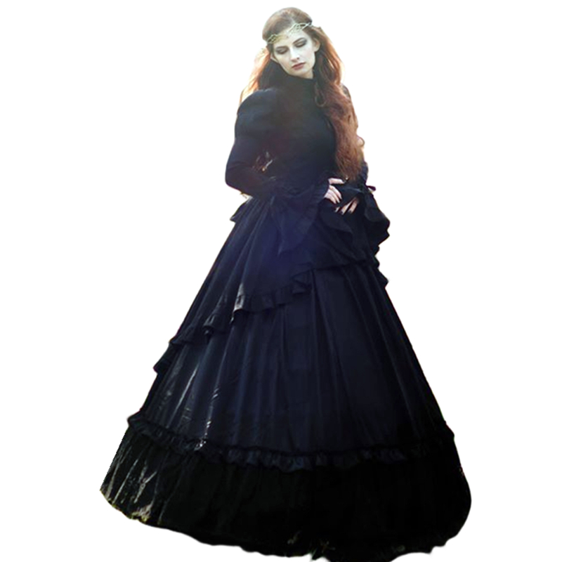 Black Gothic Wedding Dresses High Neck Long Flare Sleeves Floor Length Lace And Satin Vintage Medieval Bridal Gowns Custom Made