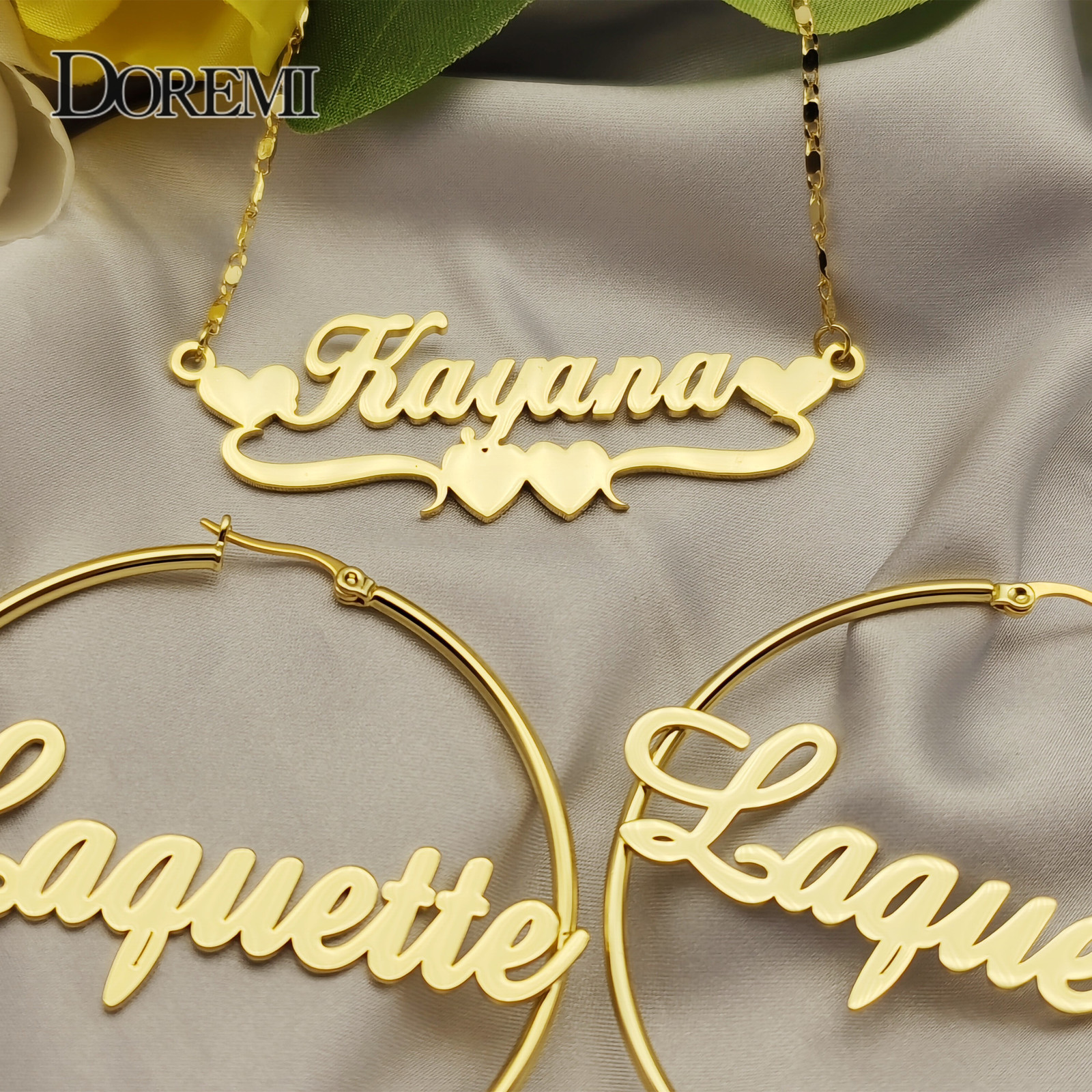 Hoop Huggie DOREMI One Name Earrings and Necklace set Tile Chain Round Regular Hoops Custom Letter Personalized 230707