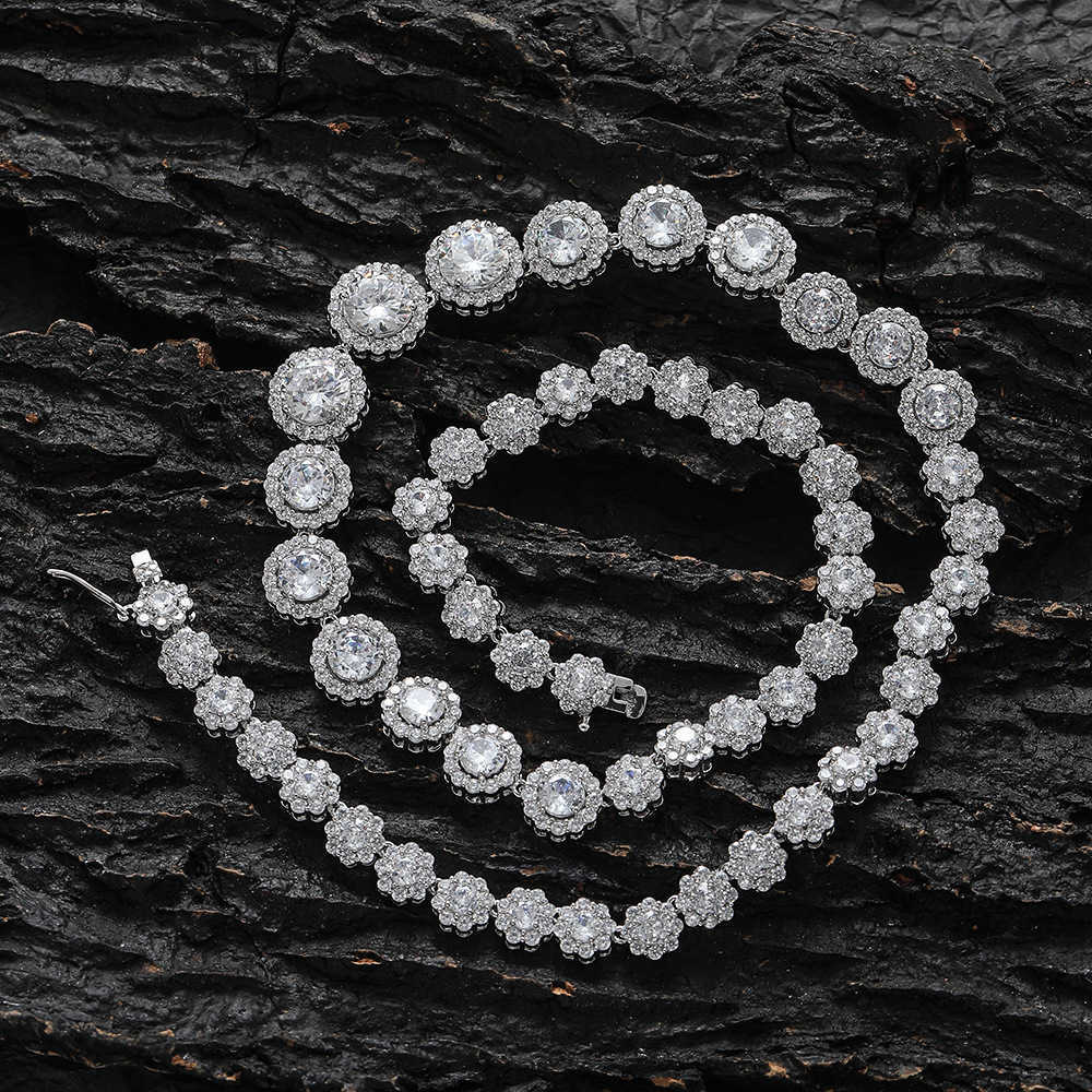 7-12mm Wide Gradual Size Flower Shape Circular Mix And Match Zircon Tennis Necklace Hip Hop Couple Male Female Silver Color Aesthetic Wolf Tide Jewelr