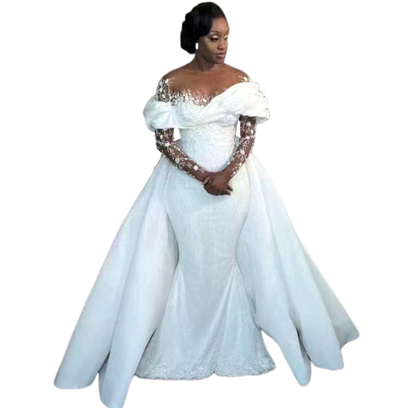 Elegant African White Mermaid Wedding Dresses With Detachable Train Sheer Crew Neck Long Sleeves Bridal Gowns Lace Appliques Gorgeous Bride Wear