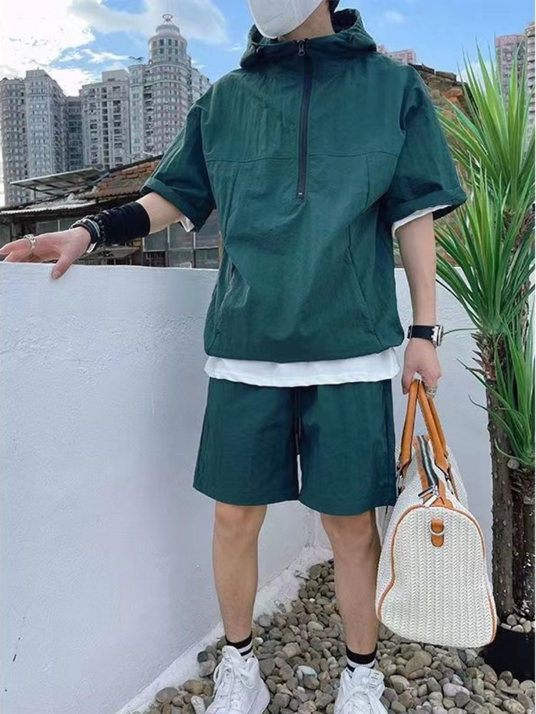 Men's Tracksuits 2Pcs Men Summer Tracksuit Shorts Set Hooded T Shirt Zipped Matching Shorts Solid Cargo Large Size Casual Suit 4XL Male Clothes 2
