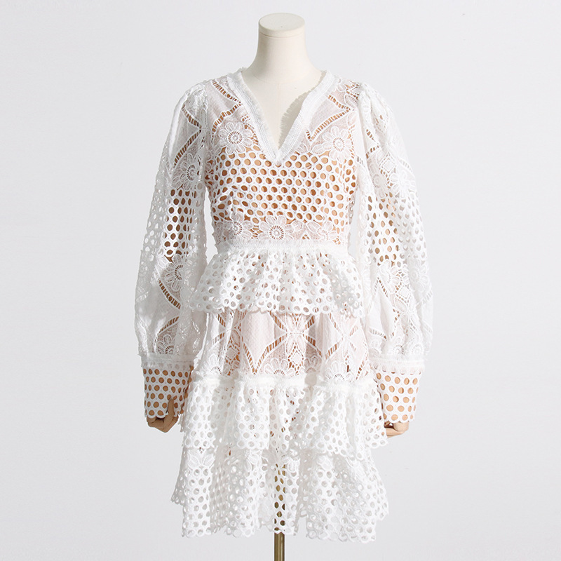 Urban Sexy Dresses Fashion Casual Hollow Out Mini Dress Women V Neck Lantern Sleeve Jacquard Dress Summer Embroidered White Ruffles Party Dress 230707