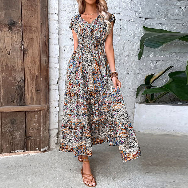 Urban Sexy Dresses Women Vintage Print Maxi Dresses Summer Casual V Neck Short Sleeve Elastic Waist Dress Female Boho Beach Big Swing Long Dresses 230