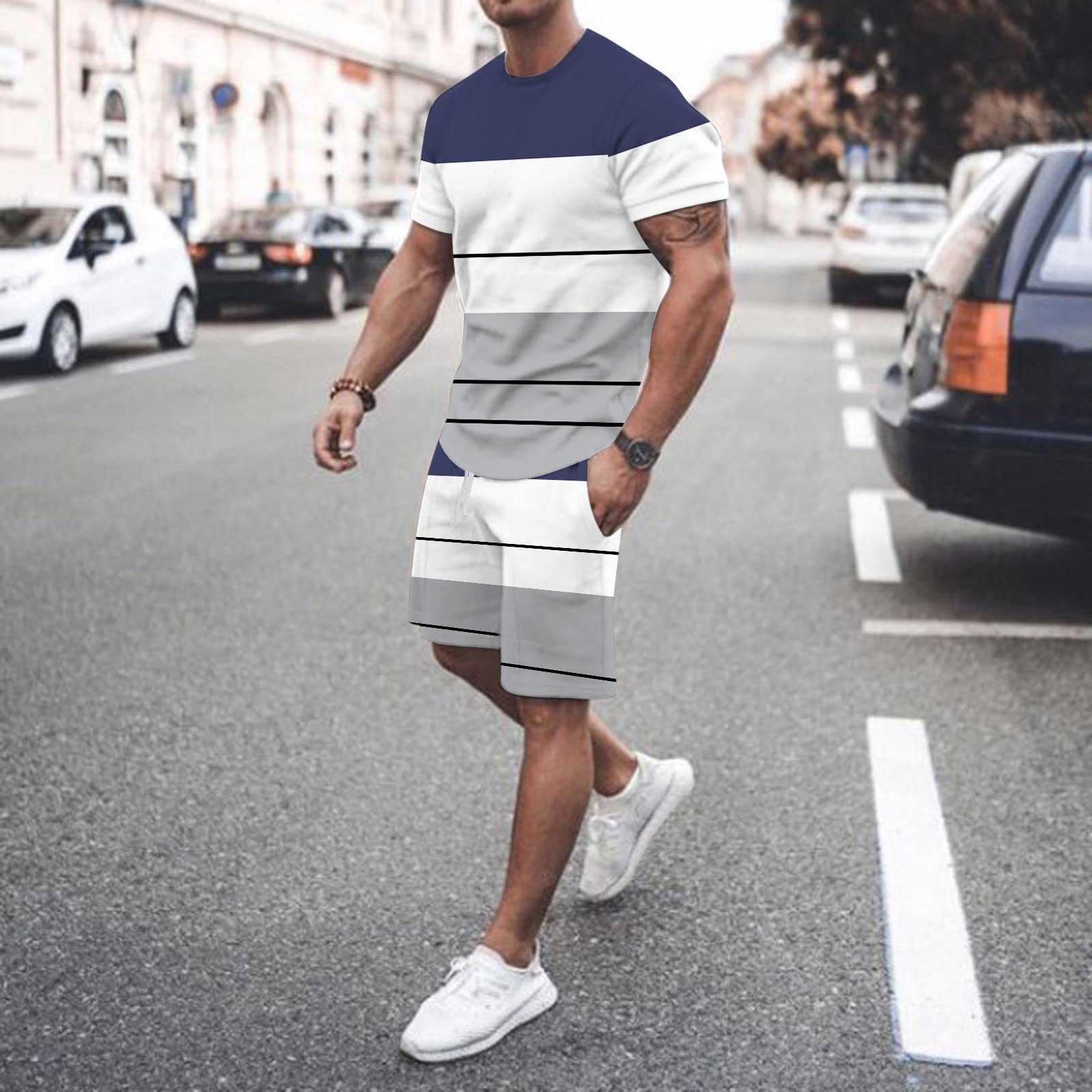 Mens Tracksuits Summer Oneck sportswear fashion simple suit in stripes 3d Tshirt printed mens Casual Street menswear 230707