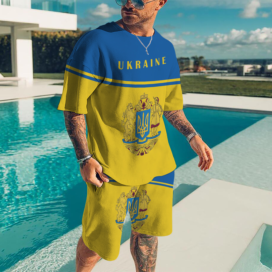 Men's Tracksuits Summer Ukraine National Emblem 2 Piece Sets Tracksuit Men's Oversized Clothes Beach Style 3D Printed Men Suit Tshirt Shorts