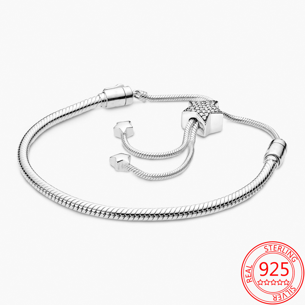 925 Silver Glitter Star and Heart Sliding Buckle Bracelet DIY Women's Bracelet Gift Production Free Delivery