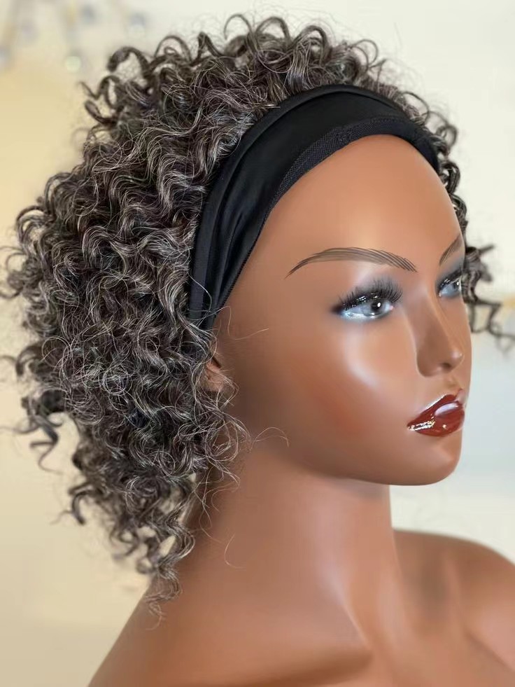 Silver grays human hair headband wig tight curl falls on shoulder or below with adjustable velcro straps glueless 14inch