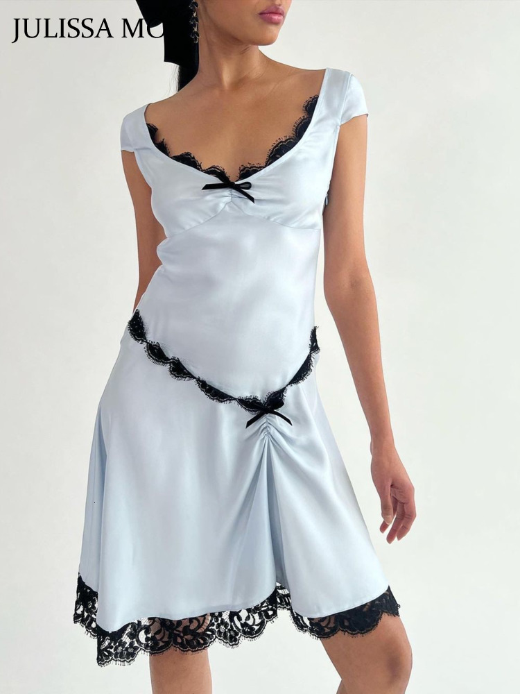 Urban Sexy Dresses JULISSA MO Elegant Lace Sleeveless Bow Satin Sexy Dress for Women Club Party Backless Tank Dresses Skinny Fashion Summer 230707