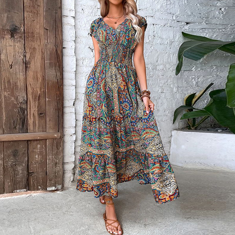 Urban Sexy Dresses Women Vintage Print Maxi Dresses Summer Casual V Neck Short Sleeve Elastic Waist Dress Female Boho Beach Big Swing Long Dresses 230
